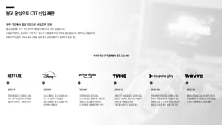 광고중심으로OTT산업재편
구독 기반에서 광고 기반으로 사업 전략 변화
광고 요금제는 OTT 구독 방식의 새로운 스탠다드로 자리 잡았습니다.
사업을 지탱하는 중심축이 ‘구독’에서 ‘광고’로 이동함에 따라, 전략도 광고 중심으로 재편되는 상황입니다.
이제 OTT 산업은 구독자 확보 경쟁을 넘어 광고 수익 경쟁으로 변화하고 있습니다.
국내외 주요 OTT 플랫폼의 광고 도입 현황
콘텐츠에 광고가 포함되는 대신
기존 최저가 요금제보다 저렴한
‘광고형 스탠다드’ 멤버십 출시
2022.11
디즈니 플러스 광고 요금제 출시,
Hulu 및 ESPN+가 포함된
결합 상품에도 광고 요금제 포함
(한국에는 미출시)
2022.12
기존 멤버십에 광고 삽입,
광고가 포함된 콘텐츠를 기본으로
제공하고 광고를 제거하려면
추가 비용을 지불해야 하는 방식
2024.01
국내 OTT 최초로 광고 요금제 도입,
광고를 시청하는 대신 보다 저렴하게
서비스를 이용할 수 있는
‘광고형 스탠다드’ 요금제 출시
2024.03
쿠팡 회원이면 광고를 시청하는 대신
무료로 쿠팡 플레이를 시청할 수 있는
회원제 도입, 단 스포츠 콘텐츠의 경우
별도의 ‘스포츠 패스’ 유료 가입 필요
2025.06
웨이브 단독 광고 요금제 뿐만 아니라
티빙X웨이브 두 서비스를 모두 이용할
수 있는 결합형 광고 요금제 출시
2025.10
 