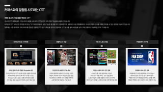 쿠팡플레이 X 쿠팡
프라임 비디오 X 아마존 티빙 X CJ온스타일
커머스와의결합을시도하는OTT
전환 광고의 가능성을 엿보는 OTT
국내외 OTT 플랫폼들은 커머스와의 결합을 시도하며 OTT 광고의 구매 전환 가능성을 실험하고 있습니다.
아마존의 OTT 서비스인 프라임 비디오는 TV 디바이스에서도 쇼핑 가능한 광고를 이미 도입하였으며, 넷플릭스〮티빙〮쿠팡플레이도 자사의 콘텐츠가 상품 구매로 이어질 수 있는 방안을 고심하고 있습니다.
향후에는 시청 데이터와 구매 데이터를 연동한 전환형 OTT 광고가 확산될 것으로 전망되며, OTT 광고를 통해 브랜딩을 넘어 구매 전환까지 가능해질 것으로 기대됩니다.
넷플릭스 X 구글
구글 렌즈로 상품 찾기 기능 제공
구글과 협업하여 넷플릭스 오리지널 시리즈
‘에밀리, 파리에 가다’의 주인공이 입은 옷을
구글 렌즈로 스캔하면 유사 상품을 판매하는
쇼핑 페이지로 이동하는 기능 테스트
아마존 장바구니와 연동된 Shoppable광고
프라임 비디오는 OTT 광고에 등장한 상품을 리모컨을
조작해 아마존 장바구니에 즉시 추가할 수 있는
‘Shoppable광고 도입’, 상품 상세 정보는 물론
리뷰〮배송 정보 등 실시간 아마존 스토어 정보 제공
쿠팡에서 NBA 굿즈 판매
쿠팡플레이가 독점 생중계하는 미국프로농구
NBA의 2025-26 시즌 경기 개막에 맞춰
쿠팡은 NBA 공식 팬샵을 오픈하고 굿즈를 판매,
팬들은 쿠팡에서 경기시청부터 굿즈 구매까지 가능
티빙 쇼츠에서 KBO 굿즈 판매
KBO리그를 독점 생중계하는 티빙은
자사 앱 내 숏폼 서비스 ‘쇼츠’ 탭을 통해
CJ온스타일의 쇼츠를 송출하고 KBO 굿즈 판매,
하단 더보기 버튼을 누르면 온스타일 구매 페이지로 랜딩
 