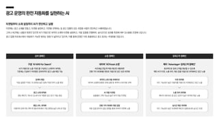 광고운영의완전자동화를실현하는AI
타겟팅부터 소재 설정까지 AI가 판단하고 실행
이전에는 광고 소재를 만들고, 타겟을 설정하고, 지면을 선택하는 등 광고 집행의 모든 과정을 사람이 판단하고 수행하였습니다.
그러나 최근에는 상품과 목표만 있으면 AI가 자동으로 최적의 소재와 타겟을 설정하고, 자동 입찰을 진행하며, 실시간으로 성과를 측정해 세부 요소들을 조정해 나갑니다.
광고 집행 프로세스에서 자동화가 가능한 범위는 점점 더 넓어지고 있으며, 이를 통해 운영은 더욱 효율화되고 광고 효과는 극대화될 것입니다.
쇼핑 캠페인
네이버 ‘ADVoost 쇼핑’
비즈채널 연결 후 목표 예산만 세팅하면
전환 가치 최대화를 목표로 자동으로 광고 성과 최적화
최적의 소재 자동 큐레이션
네이버 쇼핑에 등록된 전체 상품 중 최적의 소재 자동 선택
AI 자동 타겟팅
상품별로 구매 가능성 높은 유저 자동 타겟팅
전환 가치 최대화 자동 입찰
자동 입찰 방식의 입찰 경쟁을 통해 최적의 지면에 노출
검색 캠페인
구글 ‘AI MAX for Search’
AI가 자동으로 노출 키워드를 구성하고 소재까지 최적화,
기존에는 도달하기 어려웠던 검색어까지 광고 노출 확장 가능
검색어 매칭
직접 설정한 키워드 외 관련성 높은 잠재 키워드까지 노출 확장
광고 소재 최적화
랜딩 페이지, 텍스트 등 분석 후 적합한 광고 문구 자동 생성
랜딩 URL 최적화
이용자의 검색 의도파악 후웹사이트에서 가장관련성 높은URL로 연결
잠재고객 캠페인
메타 ‘Advantage+잠재고객 캠페인’
효과적으로 잠재 고객을 확보할 수 있도록
메타 AI가 타겟, 노출 위치, 예산 등을 자동으로 최적화하고 광고 노출
타겟 최적화
리드 가능성이 높은 이용자를 자동으로 타겟팅하고 광고 노출
노출 위치 최적화
메타의 네트워크 중 광고 성과가 높은 위치에 자동 노출
실시간 예산 최적화
리드 가능성이 높은 타겟에게 예산이 집중되도록 실시간 조정
 