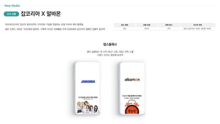 아르바이트부터 정규직 일자리까지 구직자와 기업을 연결하는 토탈 커리어 케어 플랫폼
젊은 트렌드 리딩은 1020세대 알바몬, 구매력 자극은 경제활동 주력 2040세대 잡코리아 캡페인 집행이 효과적
광고 형태
MO
상품 유형
이미지
판매 방식
CPP
미디어 파워
MAU 잡코리아 160만, 알바몬 250만
잡코리아 X 알바몬
신규 상품
앱이 실행되는 첫 시작 3초간 고정, 2일간 단독 노출
브랜드 인지도 향상에 효과적
앱스플래시
 