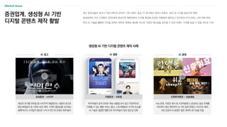 증권업계, 생성형 AI 기반
디지털 콘텐츠 제작 활발
최근 증권사들의 광고나 커뮤니케이션 방식이 기존 브랜드 중심 TV 광고에서 벗어나 유튜브, SNS 등 디지털 중심으로 변화
증권업계의 주요 고객층이 2030세대 중심으로 재편되면서 디지털 환경에 친숙한 이들에게 재미있고 친근하게 다가가려는 고객 친화 전략
특히 AI 기술을 활용한 디지털 콘텐츠 제작은 화제성 확보뿐 아니라 기업의 혁신성을 강조할 수 있어 브랜드 가치를 높일 수 있을 것으로 기대
수능 응원, 직장인 회식 등 시의적절하고 공감되는 일상 주제를
작곡부터 영상 제작까지 AI 기반 음원 콘텐츠 시리즈로 제작,
B급 감성의 AI 음원은 젊은 세대의 호기심을 유발
신한투자증권 - 싱송생송
Market Issue
AI 광고
생성형 AI 기반 디지털 콘텐츠 제작 사례
AI 웹툰 AI 음원
세상의 위기를 모바일 앱 mPOP이 해결한다는 내용의 광고로
영상·배경음악 등 100% AI로 제작, 극적인 몰임감을 선사하는
블록버스터 스타일의 영상은 누적 413만 회 조회로 화제 몰이
삼성증권 – mPOP
투자자들이 분석 리포트 핵심 내용을 보다 쉽고 직관적으로
이해할 수 있는 웹툰 서비스 출시, 스토리텔링과 시각적 요소를
AI 기술로 결합한 웹툰으로 투자자들의 정보 접근성 강화
키움증권 – 리포툰
 