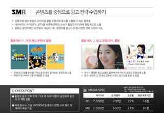 콘텐츠를중심으로광고전략수립하기
MEDIA SPEC
MO
PC 7,500만
2,000만
700만 22% 16분
650만 21% 87분
페이지뷰 평균 체류시간순 이용자 도달률
>> CHECK POINT
• 유튜브에 없는 방송사 프리미엄 클립 콘텐츠에 광고를 노출할 수 있는 플랫폼
• 네이버TV, 카카오TV, 곰TV를 비롯해 콘텐츠 소비가 활발한 미디어에 통합적으로 노출
• 원하는 콘텐츠에만 타겟팅이 가능하므로, 콘텐츠를 중심으로 한 다양한 전략 수립이 가능
활용 예시 1. 타겟 관심 콘텐츠 활용 활용 예시 2. 광고 모델/PPL 활용
 콘텐츠/시청률 분석을 기반으로 타겟이 즐겨보는 콘텐츠에 노출
 목표 타겟 커버리지를 극대화할 수 있음
 자사가 계약한 광고 모델이 출연하거나 PPL이 포함된 콘텐츠에 노출
 광고-콘텐츠 간 연계성 강화로 브랜드 상기도를 높일 수 있음
● 동영상 광고 친화 정책, 15초 후 SKIP 버튼이 생성되며 광고
초 수 제한 없음
● 자체 분석 시스템 ‘WISDOM’을 통한 다양한 수치 분석 및
데이터 제공 가능
* 출처 : 코리안클릭 2018. 02
PC- 네이버TV웹+카카오TV웹
MO – 네이버TV 웹&앱+카카오TV 웹&앱
 