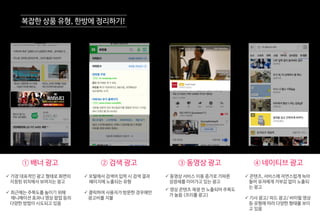  가장 대표적인 광고 형태로 화면의
지정된 위치에서 보여지는 광고
 최근에는 주목도를 높이기 위해
애니메이션 효과나 영상 팝업 등의
다양한 방법이 시도되고 있음
 포털에서 검색어 입력 시 검색 결과
페이지에 노출되는 유형
 클릭하여 사용자가 방문한 경우에만
광고비를 지불
 동영상 서비스 이용 증가로 가파른
성장세를 이어가고 있는 광고
 영상 콘텐츠 재생 전 노출되어 주목도
가 높음 (프리롤 광고)
 콘텐츠, 서비스에 자연스럽게 녹아
들어 유저에게 거부감 없이 노출되
는 광고
 기사 광고/ 피드 광고/ 바이럴 영상
등 유형에 따라 다양한 형태를 보이
고 있음
① 배너 광고 ② 검색 광고 ③ 동영상 광고 ④ 네이티브 광고
복잡한 상품 유형, 한방에 정리하기!
 