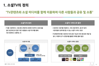1717
“TV콘텐츠와 소셜 미디어를 함께 이용하여 다른 사람들과 공유 및 소통”
1. 소셜TV의 정의
[출처 : KISDI, 2013.05]
• TV를 시청하면서, 시청 중인 콘텐츠와 관련한 의견이나 감정 등을
같은 공간에 있지 않은 다른 사람들과 소셜 미디어를 통해
서로 표현하고 소통하는 것
소셜TV의 정의
• 시청자와 시청자를 연결하고, 프로그램 제작자, 광고주 등이
시청자들과 상호작용 할 수 있는 소셜TV 서비스 등장
• TV콘텐츠에 대한 시청자간 의견 공유 기능과 프로그램 정보 제공 및
광고, 이벤트 등 TV 콘텐츠를 활용한 마케팅 툴로 발전
소셜TV 서비스로 발전
소셜TV의 이용 소셜TV 서비스 등장
소셜TV
TV콘텐츠 SNS
+
2nd스크린
동반 기기
(companion device)
동반 앱
(companion apps)
• 시청하고 있는
TV 콘텐츠와 상호작용 방송사소셜TV 서비스 개발사
SNS
프로그램
정보
광고
방송참여
&이벤트
 