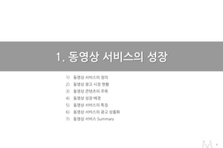 33
1
1) 동영상 서비스의 정의
2) 동영상 광고 시장 현황
3) 동영상 콘텐츠의 주목
4) 동영상 성장 배경
5) 동영상 서비스의 특징
6) 동영상 서비스의 광고 상품화
7) 동영상 서비스 Summary
1. 동영상 서비스의 성장
 