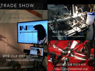 음악을 코드로 바꿔주는 Cordify 
http://www.cordify.net/
비닐 전축 레코딩 
http://www.vinylrecorder.com/index-e.html#recorder
LED광고 송출 자전거 바퀴 
http://fukushimawheel.org/
T R A D E S H O W
 