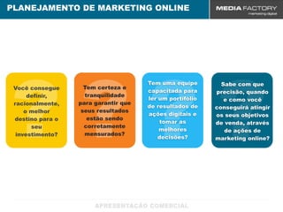 PLANEJAMENTO DE MARKETING ONLINE




????
                                      Tem uma equipe        Sabe com que
 Você consegue      Tem certeza e
                                      capacitada para     precisão, quando
      definir,      tranquilidade
                                      ler um portifólio      e como você
 racionalmente,   para garantir que
                                      de resultados de    conseguirá atingir
     o melhor      seus resultados
                                      ações digitais e    os seus objetivos
 destino para o      estão sendo
                                           tomar as       de venda, através
       seu          corretamente
                                          melhores           de ações de
  investimento?     mensurados?
                                          decisões?       marketing online?
 