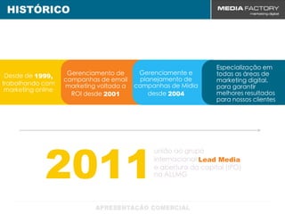 HISTÓRICO




                                                                  Especialização em
 Desde de 1999,      Gerenciamento de      Gerenciamente e        todas as áreas de
                    campanhas de email     planejamento de        marketing digital,
trabalhando com     marketing voltada a   campanhas de Mídia      para garantir
 marketing online
                      ROI desde 2001          desde 2004          melhores resultados
                                                                  para nossos clientes




             2011
                                               união ao grupo
                                               internacional Lead Media
                                               e abertura do capital (IPO)
                                               na ALLMG
 