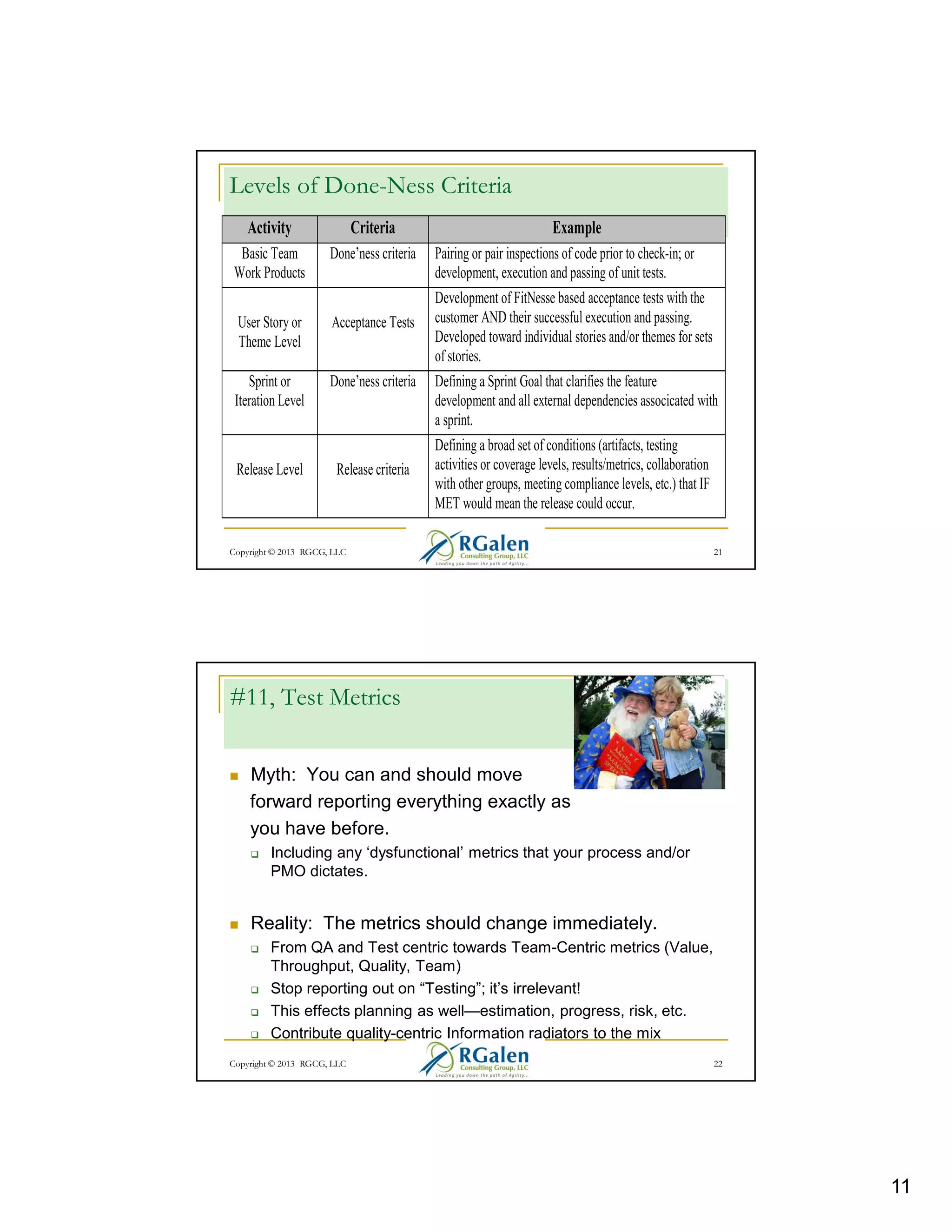 Levels of Done-Ness Criteria
Activity

Criteria

Basic Team
Work Products

Done’ness criteria

User Story or
Theme Level

Acceptance Tests

Sprint or
Iteration Level

Done’ness criteria

Release Level

Release criteria

Example
Pairing or pair inspections of code prior to check-in; or
development, execution and passing of unit tests.
Development of FitNesse based acceptance tests with the
customer AND their successful execution and passing.
Developed toward individual stories and/or themes for sets
of stories.
Defining a Sprint Goal that clarifies the feature
development and all external dependencies associcated with
a sprint.
Defining a broad set of conditions (artifacts, testing
activities or coverage levels, results/metrics, collaboration
with other groups, meeting compliance levels, etc.) that IF
MET would mean the release could occur.

Copyright © 2013 RGCG, LLC

21

#11, Test Metrics
Myth: You can and should move
forward reporting everything exactly as
you have before.
Including any ‘dysfunctional’ metrics that your process and/or
PMO dictates.

Reality: The metrics should change immediately.
From QA and Test centric towards Team-Centric metrics (Value,
Throughput, Quality, Team)
Stop reporting out on “Testing”; it’s irrelevant!
This effects planning as well—estimation, progress, risk, etc.
Contribute quality-centric Information radiators to the mix
Copyright © 2013 RGCG, LLC

22

11

 