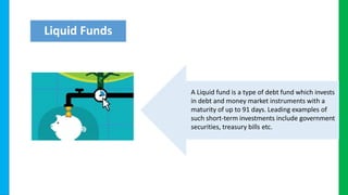 A Liquid fund is a type of debt fund which invests
in debt and money market instruments with a
maturity of up to 91 days. Leading examples of
such short-term investments include government
securities, treasury bills etc.
Liquid Funds
 