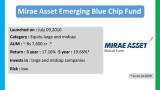 Mirae Asset Emerging Blue Chip Fund
Launched on : July 09,2010
Category : Equity-large and midcap
AUM : ~ Rs 7,600 cr .*
Return : 3 year : 17.16% 5 year : 19.66%*
Invests in : large and midcap companies
Risk : low
* as on Jul 2019
 