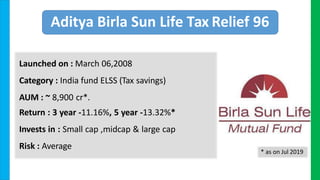 Aditya Birla Sun Life Tax Relief 96
Launched on : March 06,2008
Category : India fund ELSS (Tax savings)
AUM : ~ 8,900 cr*.
Return : 3 year -11.16%, 5 year -13.32%*
Invests in : Small cap ,midcap & large cap
Risk : Average
* as on Jul 2019
 