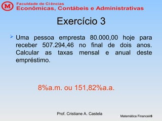 Matemática Financeira
Matemática Financeira
Prof. Cristiane A. Castela
6
6
Exercício 3
Exercício 3
 Uma pessoa empresta 80.000,00 hoje para
receber 507.294,46 no final de dois anos.
Calcular as taxas mensal e anual deste
empréstimo.
8%a.m. ou 151,82%a.a.
 