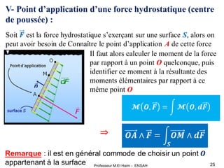 V- Point d’application d’une force hydrostatique (centre
de poussée) :
Il faut alors calculer le moment de la force
par rapport à un point O quelconque, puis
identifier ce moment à la résultante des
moments élémentaires par rapport à ce
même point O
25
Professeur M.El Haim - ENSAH
 