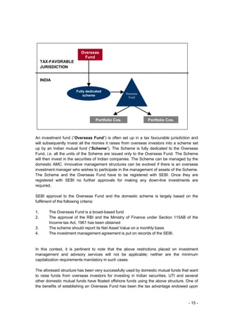 Overseas
                          Fund
     TAX-FAVORABLE
     JURISDICTION


     INDIA

                       Fully dedicated
                                                   Domestic
                           scheme
                                                    Fund




                                  Portfolio Cos.              Portfolio Cos.



An investment fund (“Overseas Fund”) is often set up in a tax favourable jurisdiction and
will subsequently invest all the monies it raises from overseas investors into a scheme set
up by an Indian mutual fund (“Scheme”). The Scheme is fully dedicated to the Overseas
Fund, i.e. all the units of the Scheme are issued only to the Overseas Fund. The Scheme
will then invest in the securities of Indian companies. The Scheme can be managed by the
domestic AMC. Innovative management structures can be evolved if there is an overseas
investment manager who wishes to participate in the management of assets of the Scheme.
The Scheme and the Overseas Fund have to be registered with SEBI. Once they are
registered with SEBI no further approvals for making any down-line investments are
required.

SEBI approval to the Overseas Fund and the domestic scheme is largely based on the
fulfilment of the following criteria:

1.       The Overseas Fund is a broad-based fund
2.       The approval of the RBI and the Ministry of Finance under Section 115AB of the
         Income-tax Act, 1961 has been obtained
3.       The scheme should report its Net Asset Value on a monthly basis
4.       The investment management agreement is put on records of the SEBI.


In this context, it is pertinent to note that the above restrictions placed on investment
management and advisory services will not be applicable; neither are the minimum
capitalization requirements mandatory in such cases.

The aforesaid structure has been very successfully used by domestic mutual funds that want
to raise funds from overseas investors for investing in Indian securities. UTI and several
other domestic mutual funds have floated offshore funds using the above structure. One of
the benefits of establishing an Overseas Fund has been the tax advantage endowed upon



                                                                                     - 15 -
 