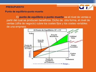 PRESUPUESTO 
Punto de equilibrio-punto muerto 
El punto de equilibrio o punto muerto es el nivel de ventas a 
partir del cual se producen beneficios. Dicho de otra forma, el nivel de 
ventas (cifra de negocio) cubre los costes fijos y los costes variables 
de una empresa. 
 