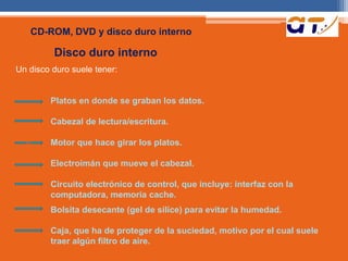 CD-ROM, DVD y disco duro interno 
Disco duro interno 
Un disco duro suele tener: 
Platos en donde se graban los datos. 
CabezaI de lectura/escritura. 
Motor que hace girar los platos. 
Electroimán que mueve el cabezal. 
Circuito electrónico de control, que incluye: interfaz con la 
computadora, memoria cache. 
Bolsita desecante (gel de silíce) para evitar Ia humedad. 
Caja, que ha de proteger de Ia suciedad, motivo por el cual suele 
traer algún filtro de aire. 
v 
 