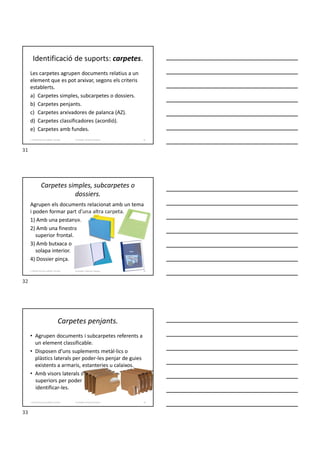 Identificació de suports: carpetes.
Les carpetes agrupen documents relatius a un
element que es pot arxivar, segons els criteris
establerts.
a) Carpetes simples, subcarpetes o dossiers.
b) Carpetes penjants.
c) Carpetes arxivadores de palanca (AZ).
d) Carpetes classificadores (acordió).
e) Carpetes amb fundes.
Formador: Antonio Carrasco
1. Gestió d'arxius, públics i privats. 31
Carpetes simples, subcarpetes o
dossiers.
Agrupen els documents relacionat amb un tema
i poden formar part d’una altra carpeta.
1) Amb una pestanya.
2) Amb una finestra
superior frontal.
3) Amb butxaca o
solapa interior.
4) Dossier pinça.
Formador: Antonio Carrasco
1. Gestió d'arxius, públics i privats. 32
Carpetes penjants.
• Agrupen documents i subcarpetes referents a
un element classificable.
• Disposen d’uns suplements metàl·lics o
plàstics laterals per poder-les penjar de guies
existents a armaris, estanteries u calaixos.
• Amb visors laterals o
superiors per poder
identificar-les.
Formador: Antonio Carrasco
1. Gestió d'arxius, públics i privats. 33
31
32
33
 