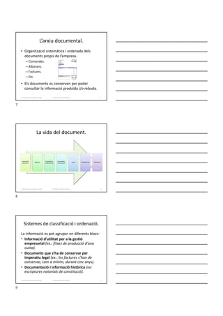 L’arxiu documental.
• Organització sistemàtica i ordenada dels
documents propis de l’empresa.
– Comandes.
– Albarans.
– Factures.
– Etc.
• Els documents es conserven per poder
consultar la informació produïda i/o rebuda.
Formador: Antonio Carrasco
1. Gestió d'arxius, públics i privats. 7
La vida del document.
Creació del
document
Registre
Classificació,
ordenació, ús
Arxivament i
conservació
Accés Transferència Eliminació
Formador: Antonio Carrasco
1. Gestió d'arxius, públics i privats. 8
Sistemes de classificació i ordenació.
La informació es pot agrupar en diferents blocs:
• Informació d’utilitat per a la gestió
empresarial (ex.: fitxes de producció d’una
cuina).
• Documents que s’ha de conservar per
imperatiu legal (ex.: les factures s’han de
conservar, com a mínim, durant cinc anys).
• Documentació i informació històrica (ex:
escriptures notarials de constitució).
Formador: Antonio Carrasco
1. Gestió d'arxius, públics i privats. 9
7
8
9
 