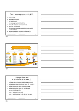 Drets reconeguts en el RGPD.
• Dret d'accés.
• Dret de rectificació.
• Dret d’oposició.
• Dret de supressió (“a l’oblit”).
• Dret a la limitació del tractament.
• Dret a la portabilitat.
• Dret a no ser objecte de decisions individuals
automatitzades.
• Dret d'informació (resumida i detallada).
Formador: Antonio Carrasco 163
2. Optimització d’un sistema d’arxius
Drets garantits a la
LOPDGDD 3/2018 (Títol X)
• Drets generals de los ciutadans a Internet.
• Drets específics relacionats amb els menors.
• Drets relacionats amb l’àmbit laboral.
• Drets relacionats amb els mitjans de
comunicació digitals.
• Dret a l’oblit en Internet.
• Dret a la portabilitat a les xarxes socials.
Formador: Antonio Carrasco 165
2. Optimització d’un sistema d’arxius
163
164
165
 