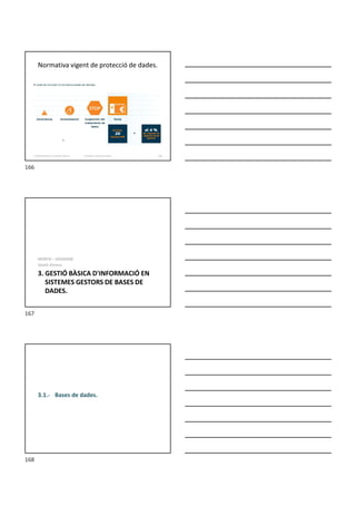 Normativa vigent de protecció de dades.
Formador: Antonio Carrasco 166
2. Optimització d’un sistema d’arxius
3. GESTIÓ BÀSICA D'INFORMACIÓ EN
SISTEMES GESTORS DE BASES DE
DADES.
MF0978 – ADGD0308
Gestió d’arxius.
3.1.- Bases de dades.
166
167
168
 