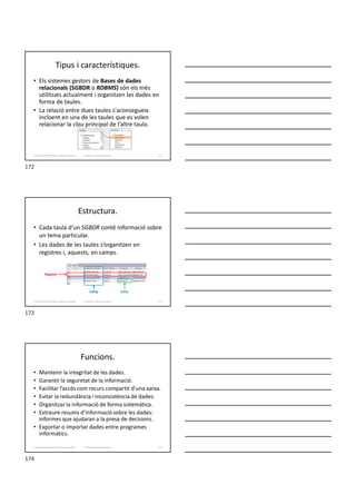 Tipus i característiques.
• Els sistemes gestors de Bases de dades
relacionals (SGBDR o RDBMS) són els més
utilitzats actualment i organitzen les dades en
forma de taules.
• La relació entre dues taules s'aconsegueix
incloent en una de les taules que es volen
relacionar la clau principal de l’altre taula.
Formador: Antonio Carrasco 172
3. Gestió d’información en Bases de dades
Estructura.
• Cada taula d’un SGBDR conté informació sobre
un tema particular.
• Les dades de les taules s’organitzen en
registres i, aquests, en camps.
Formador: Antonio Carrasco
Camp
Registre
Dada
173
3. Gestió d’información en Bases de dades
Funcions.
• Mantenir la integritat de les dades.
• Garantir la seguretat de la informació.
• Facilitar l’accés com recurs compartit d’una xarxa.
• Evitar la redundància i inconsistència de dades.
• Organitzar la informació de forma sistemàtica.
• Extreure resums d’informació sobre les dades:
informes que ajudaran a la presa de decisions.
• Exportar o importar dades entre programes
informàtics.
Formador: Antonio Carrasco 174
3. Gestió d’información en Bases de dades
172
173
174
 