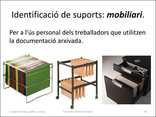 Identificació de suports: mobiliari.
Per a l’ús personal dels treballadors que utilitzen
la documentació arxivada.
Formado...