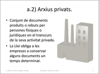 a.2) Arxius privats.
• Conjunt de documents
produïts o rebuts per
persones físiques o
jurídiques en el transcurs
de la sev...