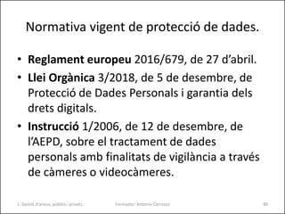 Normativa vigent de protecció de dades.
• Reglament europeu 2016/679, de 27 d’abril.
• Llei Orgànica 3/2018, de 5 de desem...