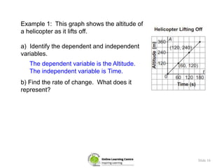 Slide 16
Example 1: This graph shows the altitude of
a helicopter as it lifts off.
a) Identify the dependent and independe...