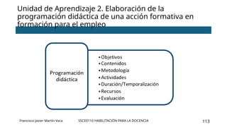 SSCE0110 HABILITACIÓN PARA LA DOCENCIA 113
• Por qué se va a actuar: análisis de la realidad, necesidades, posibilidades, etc.
Unidad de Aprendizaje 2. Elaboración de la
programación didáctica de una acción formativa en
formación para el empleo
Francisco Javier Martín Vaca
 