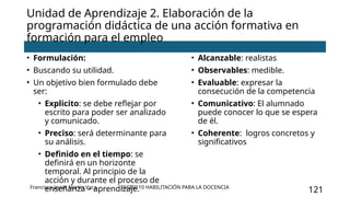 SSCE0110 HABILITACIÓN PARA LA DOCENCIA
121
Unidad de Aprendizaje 2. Elaboración de la
programación didáctica de una acción formativa en
formación para el empleo
• Formulación:
• Buscando su utilidad.
• Un objetivo bien formulado debe
ser:
• Explicito: se debe reflejar por
escrito para poder ser analizado
y comunicado.
• Preciso: será determinante para
su análisis.
• Definido en el tiempo: se
definirá en un horizonte
temporal. Al principio de la
acción y durante el proceso de
enseñanza – aprendizaje.
• Alcanzable: realistas
• Observables: medible.
• Evaluable: expresar la
consecución de la competencia
• Comunicativo: El alumnado
puede conocer lo que se espera
de él.
• Coherente: logros concretos y
significativos
Francisco Javier Martín Vaca
 