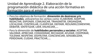 SSCE0110 HABILITACIÓN PARA LA DOCENCIA 124
• Para los objetivos de formación, dimensión de destrezas y/o
habilidades, utilizaremos los verbos como: ELABORAR, ADAPTAR,
REDACTAR, EXPONER, COMUNICAR, TRANSMITIR, ORGANIZAR,
LOCALIZAR, CONTROLAR, CLASIFICAR, DEFINIR, RESUMIR,COMENTAR,
DEBATIR, SINTETIZAR, LEER, ENUNCIAR,….
• Para la dimensión de habilidades personales y sociales: ACEPTAR,
VALORAR, APRECIAR, CONSIDERAR, RECHAZAR, AYUDAR, COOPERAR,
TOLERAR, RESPETAR, DISFRUTAR, CONCIENCIAR, SENSIBILIZAR,
PERDONAR, CUIDAR, PRACTICAR,….
Unidad de Aprendizaje 2. Elaboración de la
programación didáctica de una acción formativa en
formación para el empleo
Francisco Javier Martín Vaca
 