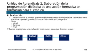 SSCE0110 HABILITACIÓN PARA LA DOCENCIA 138
Unidad de Aprendizaje 2. Elaboración de la
programación didáctica de una acción formativa en
formación para el empleo
Francisco Javier Martín Vaca
8. Evaluación:
• La evaluación es el proceso que obtiene como resultado la comprobación sistemática de la
medida en que se logran las conductas formuladas en los objetivos.
• Tipos:
• Inicial
• Continua
• Final
 Cuando se programa una evaluación existen unos pasos que debemos seguir:
Quién
Cuánd
o
Qué Cómo
 