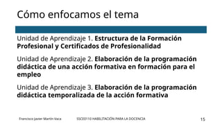 SSCE0110 HABILITACIÓN PARA LA DOCENCIA 15
Cómo enfocamos el tema
Unidad de Aprendizaje 1. Estructura de la Formación
Profesional y Certificados de Profesionalidad
Unidad de Aprendizaje 2. Elaboración de la programación
didáctica de una acción formativa en formación para el
empleo
Unidad de Aprendizaje 3. Elaboración de la programación
didáctica temporalizada de la acción formativa
Francisco Javier Martín Vaca
 