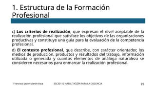 SSCE0110 HABILITACIÓN PARA LA DOCENCIA 25
c) Los criterios de realización, que expresan el nivel aceptable de la
realización profesional que satisface los objetivos de las organizaciones
productivas y constituye una guía para la evaluación de la competencia
profesional.
d) El contexto profesional, que describe, con carácter orientador, los
medios de producción, productos y resultados del trabajo, información
utilizada o generada y cuantos elementos de análoga naturaleza se
consideren necesarios para enmarcar la realización profesional.
1. Estructura de la Formación
Profesional
Francisco Javier Martín Vaca
 