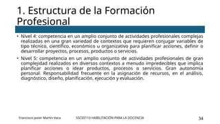 SSCE0110 HABILITACIÓN PARA LA DOCENCIA 34
• Nivel 4: competencia en un amplio conjunto de actividades profesionales complejas
realizadas en una gran variedad de contextos que requieren conjugar variables de
tipo técnico, científico, económico u organizativo para planificar acciones, definir o
desarrollar proyectos, procesos, productos o servicios.
• Nivel 5: competencia en un amplio conjunto de actividades profesionales de gran
complejidad realizados en diversos contextos a menudo impredecibles que implica
planificar acciones o idear productos, procesos o servicios. Gran autonomía
personal. Responsabilidad frecuente en la asignación de recursos, en el análisis,
diagnóstico, diseño, planificación, ejecución y evaluación.
1. Estructura de la Formación
Profesional
Francisco Javier Martín Vaca
 