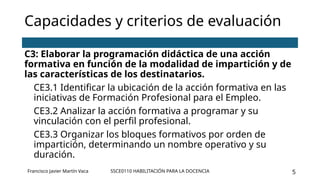 SSCE0110 HABILITACIÓN PARA LA DOCENCIA 5
Capacidades y criterios de evaluación
C3: Elaborar la programación didáctica de una acción
formativa en función de la modalidad de impartición y de
las características de los destinatarios.
CE3.1 Identificar la ubicación de la acción formativa en las
iniciativas de Formación Profesional para el Empleo.
CE3.2 Analizar la acción formativa a programar y su
vinculación con el perfil profesional.
CE3.3 Organizar los bloques formativos por orden de
impartición, determinando un nombre operativo y su
duración.
Francisco Javier Martín Vaca
 