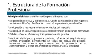 SSCE0110 HABILITACIÓN PARA LA DOCENCIA 54
Principios del sistema de Formación para el Empleo son:
Negociación colectiva y diálogo social. Con la participación de los Agentes
sociales en: Diseño, planificación , control, seguimiento y evaluación,
Anticipación a los requerimientos y cambios del mercado
Estabilidad en la planificación estratégica: Inversión en recursos formativos
Calidad, eficacia, eficiencia y transparencia en la gestión
Medición del impacto y mejora continua, refuerzo del seguimiento y
control. Evaluación permanente: En todas las etapas del proceso
formativo; Instrumentos que cuenten con la presencia de la
Administración y de las organizaciones empresariales y sindicales
1. Estructura de la Formación
Profesional
Francisco Javier Martín Vaca
 