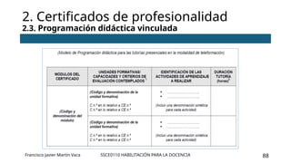 SSCE0110 HABILITACIÓN PARA LA DOCENCIA 88
2. Certificados de profesionalidad
2.3. Programación didáctica vinculada
Francisco Javier Martín Vaca
 
