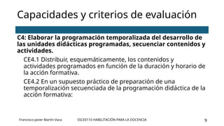 SSCE0110 HABILITACIÓN PARA LA DOCENCIA 9
Capacidades y criterios de evaluación
C4: Elaborar la programación temporalizada del desarrollo de
las unidades didácticas programadas, secuenciar contenidos y
actividades.
CE4.1 Distribuir, esquemáticamente, los contenidos y
actividades programados en función de la duración y horario de
la acción formativa.
CE4.2 En un supuesto práctico de preparación de una
temporalización secuenciada de la programación didáctica de la
acción formativa:
Francisco Javier Martín Vaca
 