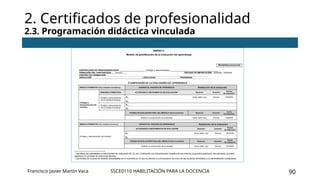 SSCE0110 HABILITACIÓN PARA LA DOCENCIA 90
2. Certificados de profesionalidad
2.3. Programación didáctica vinculada
Francisco Javier Martín Vaca
 