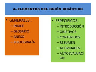 4.-ELEMENTOS DEL GUIÓN DIDÁCTICO
• GENERALES :
– ÍNDICE
– GLOSARIO
– ANEXO
– BIBLIOGRAFÍA
• ESPECÍFICOS :
– INTRODUCCIÓN
– OBJETIVOS
– CONTENIDOS
– RESUMEN
– ACTIVIDADES
– AUTOEVALUACI
ÓN
 