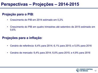 12
Perspectivas – Projeções – 2014-2015
Projeção para o PIB:
• Crescimento do PIB em 2014 estimado em 0,2%
• Crescimento do PIB em quatro trimestres até setembro de 2015 estimado em
0,6%
Projeções para a inflação:
• Cenário de referência: 6,4% para 2014; 6,1% para 2015; e 5,0% para 2016
• Cenário de mercado: 6,4% para 2014; 6,0% para 2015; e 4,9% para 2016
 