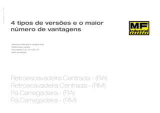 www.massey.com.br
2
4 tipos de versões e o maior
número de vantagens
Retroescavadeira Centrada - (RA)
Retroecavadeira Centrada - (RM)
Pá Carregadeira - (RA)
Pá Carregadeira - (RM)
· Alavanca de múltipla ação no carregador frontal
· Plataforma para o operador
· Pneus dianteiros 7,50 x 16 ou 9,00 x 16
· Melhor servicibilidade
 