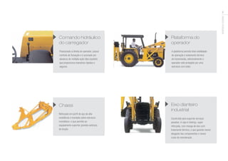 MASSEYFERGUSON
3
Posicionado à direita do operador, possui
controle de flutuação e é acionado por
alavanca de múltipla ação (tipo joystick)
que proporciona manobras rápidas e
seguras.
A plataforna permite total visibilidade
de operação e isolamento térmico
da transmissão, adicionalmente o
operador está protegido por uma
estrutura com toldo.
Reforçado em perfil de aço de alta
resistência e montado sobre estrutura
monobloco, o que permite ao
equipamento suportar grandes esforços
de torção.
Construído para suportar serviços
pesados. A viga é inteiriça, super
reforçada, com manga de eixo com
tratamento térmico, o que garante menor
desgaste dos componentes e menor
custo da manutenção.
Comando hidráulico
do carregador
Plataforma do
operador
Chassi Eixo dianteiro
industrial
 