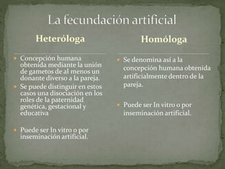 Heteróloga
 Concepción humana
obtenida mediante la unión
de gametos de al menos un
donante diverso a la pareja.
 Se puede distinguir en estos
casos una disociación en los
roles de la paternidad
genética, gestacional y
educativa
 Puede ser In vitro o por
inseminación artificial.
 Se denomina así a la
concepción humana obtenida
artificialmente dentro de la
pareja.
 Puede ser In vitro o por
inseminación artificial.
Homóloga
 