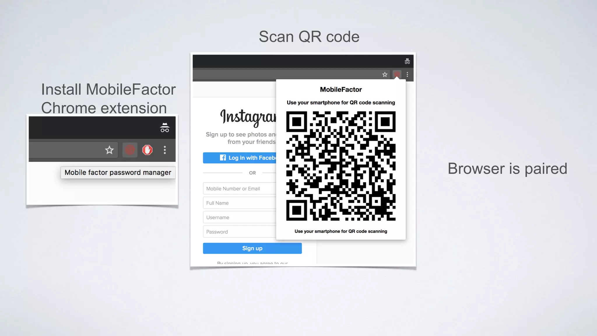 Install MobileFactor
Chrome extension
Scan QR code
Browser is paired
 
