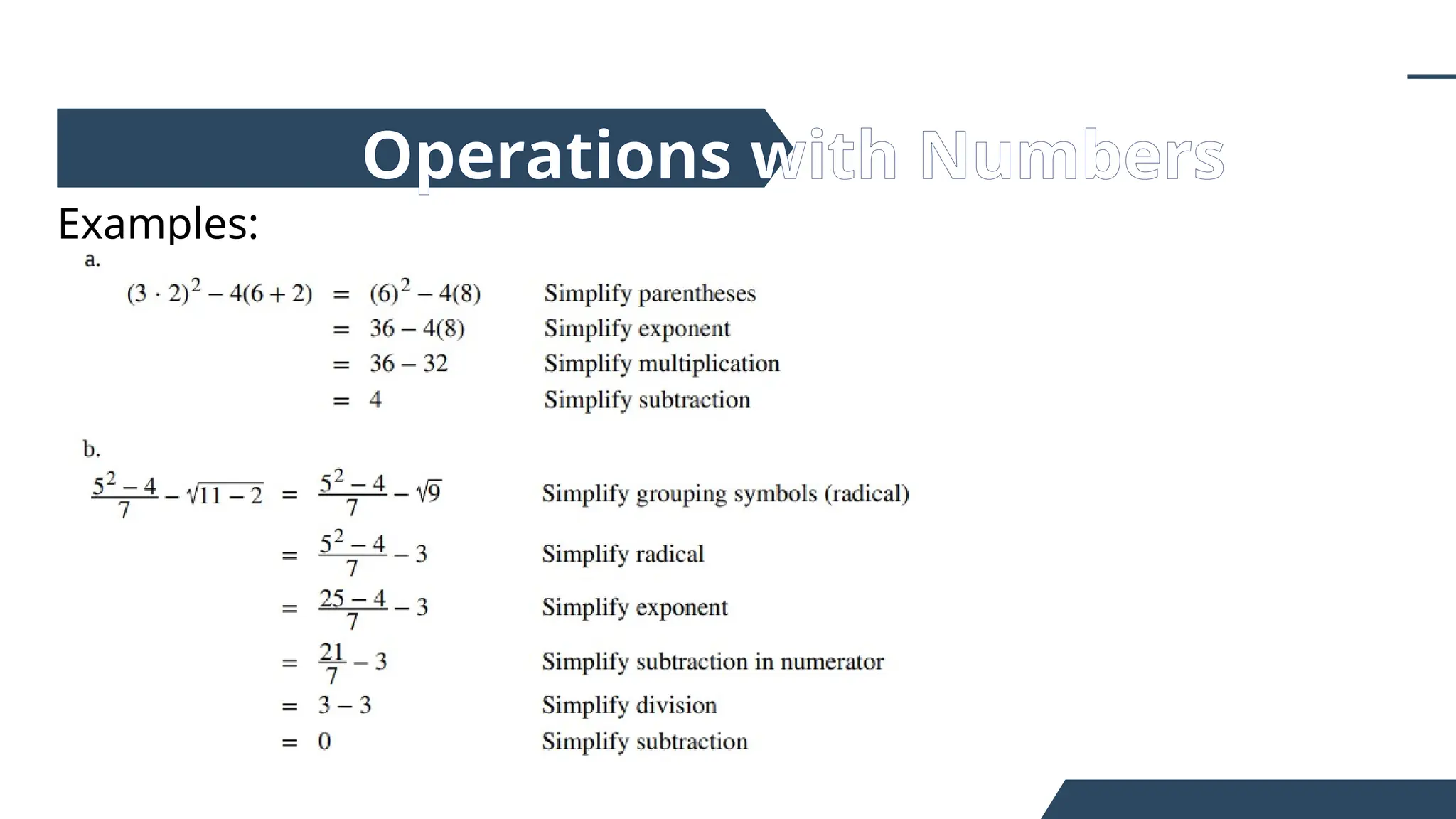Examples:
Operations with Numbers
 