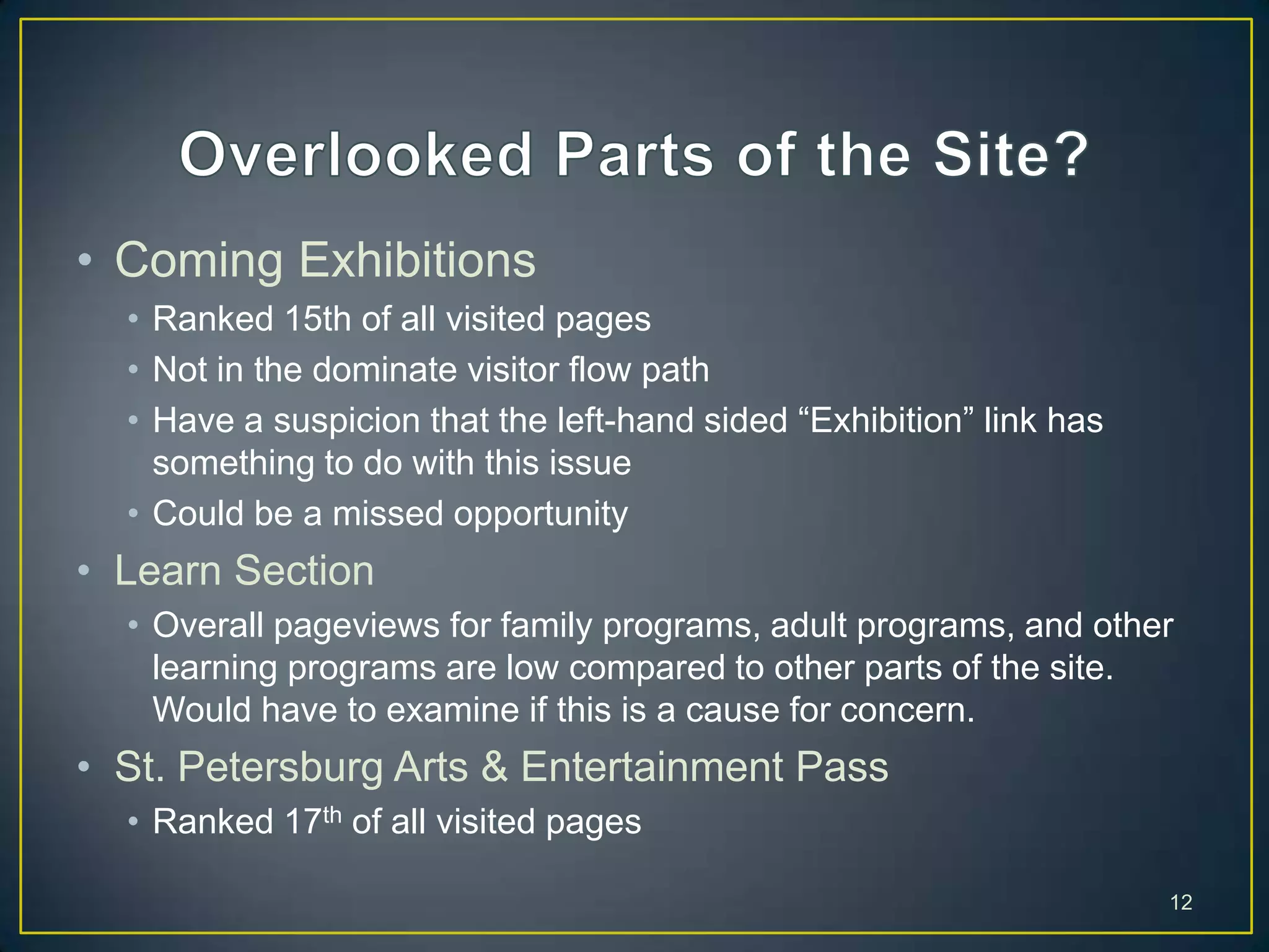 • Coming Exhibitions
• Ranked 15th of all visited pages
• Not in the dominate visitor flow path
• Have a suspicion that the left-hand sided “Exhibition” link has
something to do with this issue
• Could be a missed opportunity
• Learn Section
• Overall pageviews for family programs, adult programs, and other
learning programs are low compared to other parts of the site.
Would have to examine if this is a cause for concern.
• St. Petersburg Arts & Entertainment Pass
• Ranked 17th of all visited pages
12
 